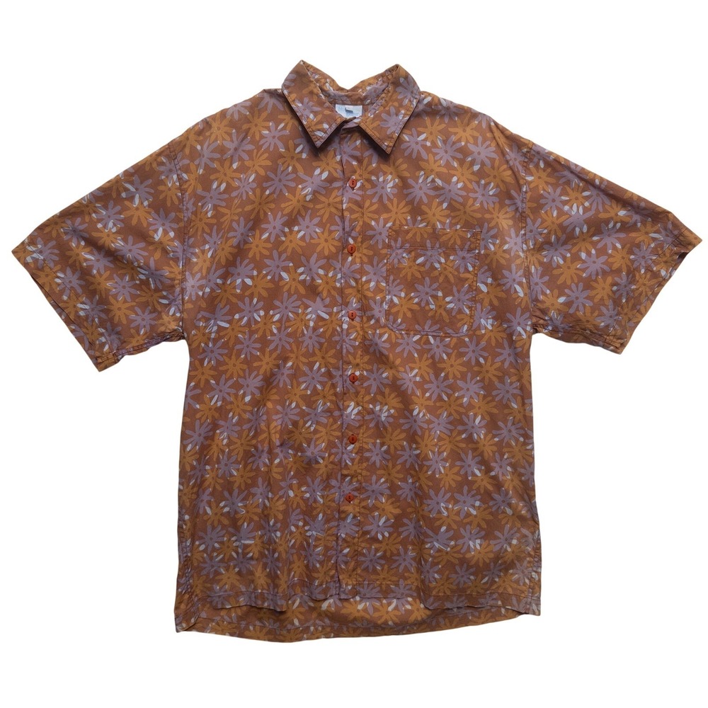 Blue Ginger Hawaiian Shirt Mens L‎ Rust Orange Floral Cotton